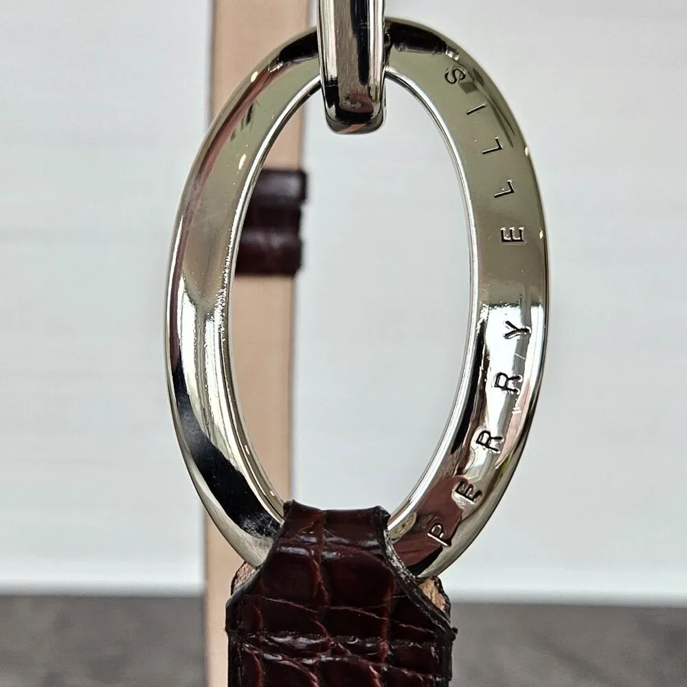 Perry Ellis Dark Brown Croc-Embossed Leather Belt with Silver O-Ring